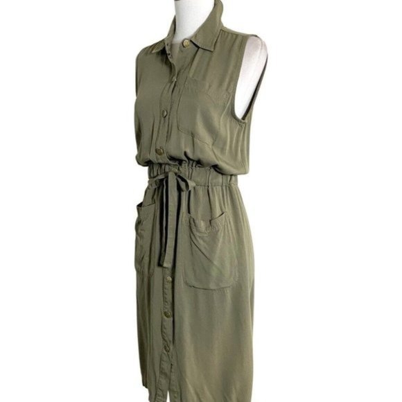 Calvin Klein Dresses & Skirts - Calvin Klein Sleeveless Collared Button Front Drawstring Army Green Dress Size 4